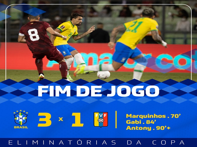 Brasil joga mal, mas vence Venezuela por 3 a 1 nas Eliminatórias